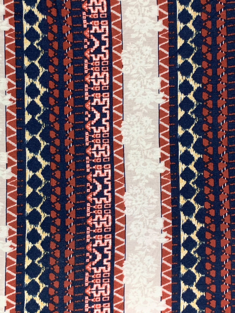 Navy/Chestnut/Pale Stone/Multi Rayon/Lycra Vertical Stylized Floral Stripe Print Jersey Knit 58W
