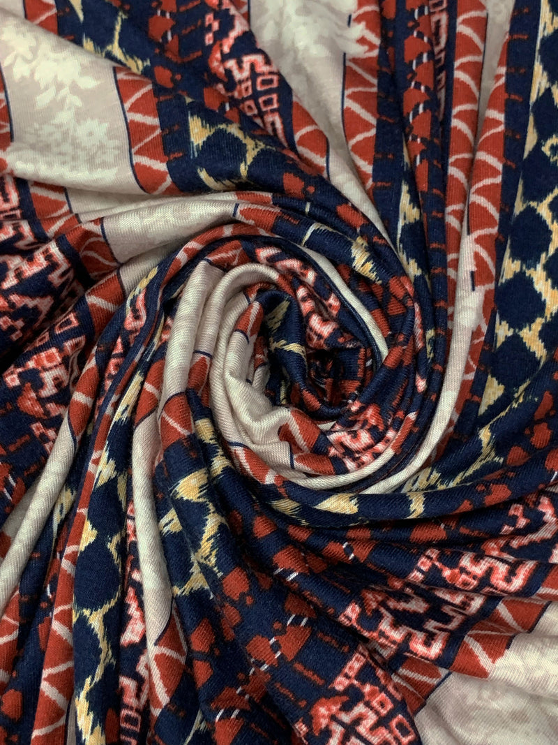 Navy/Chestnut/Pale Stone/Multi Rayon/Lycra Vertical Stylized Floral Stripe Print Jersey Knit 58W