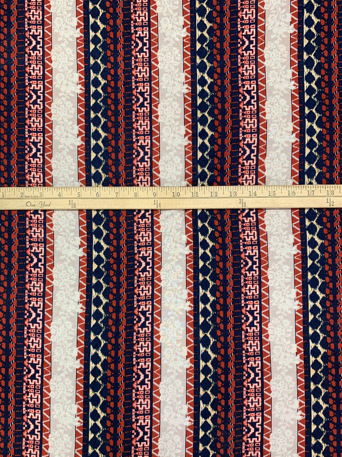 Navy/Chestnut/Pale Stone/Multi Rayon/Lycra Vertical Stylized Floral Stripe Print Jersey Knit 58W