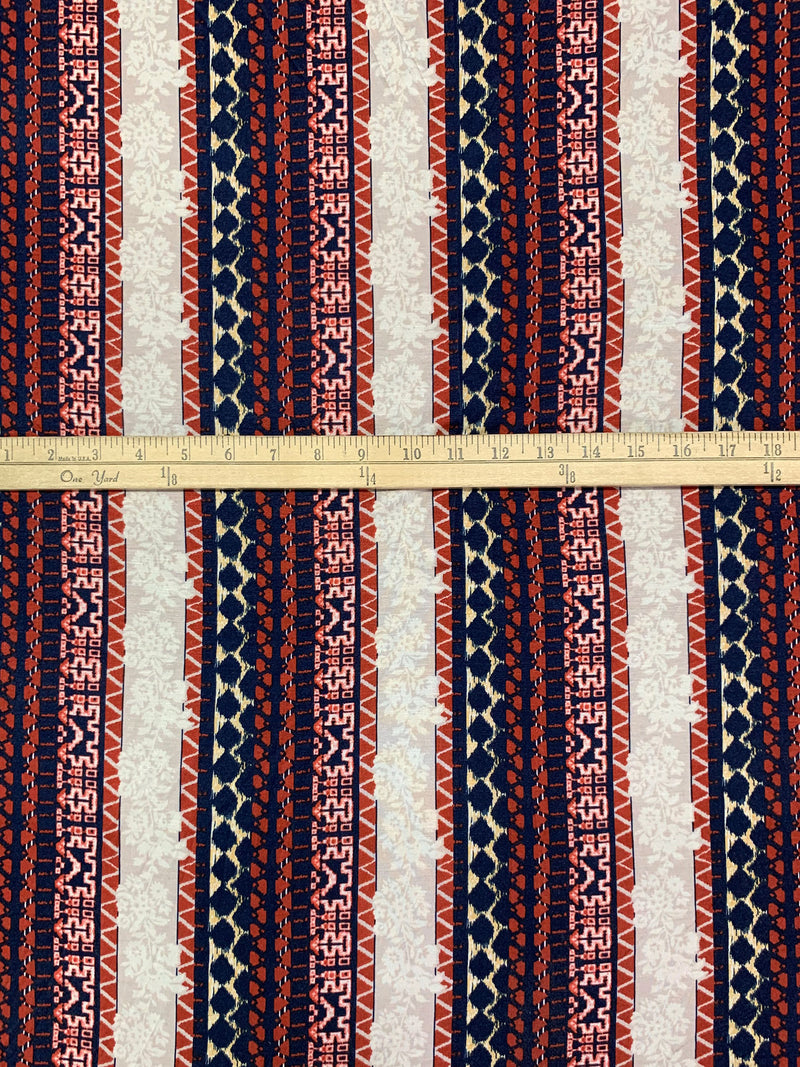 Navy/Chestnut/Pale Stone/Multi Rayon/Lycra Vertical Stylized Floral Stripe Print Jersey Knit 58W