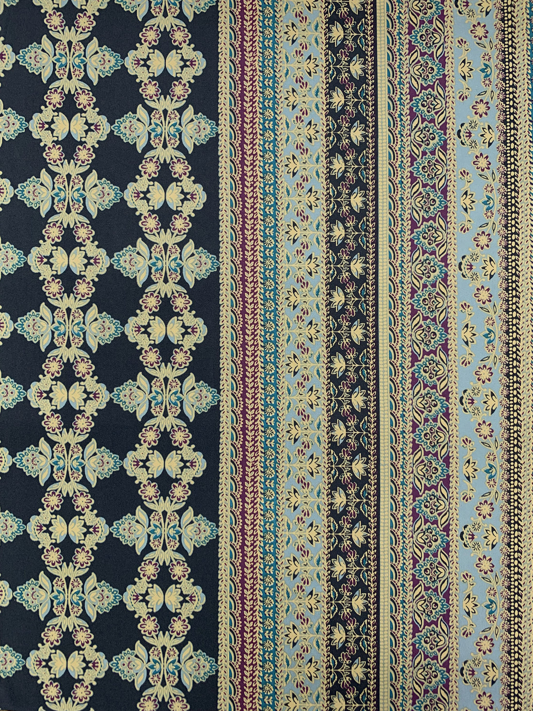 Navy/Wheat/Moonstone Blue/Multi Polyester/Lycra Double Border Vertical Stylized Floral Stripe Print DTY Knit 58W