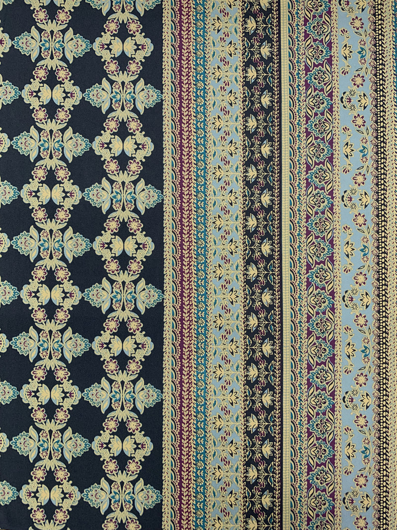 Navy/Wheat/Moonstone Blue/Multi Polyester/Lycra Double Border Vertical Stylized Floral Stripe Print DTY Knit 58W