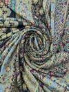 Navy/Wheat/Moonstone Blue/Multi Polyester/Lycra Double Border Vertical Stylized Floral Stripe Print DTY Knit 58W