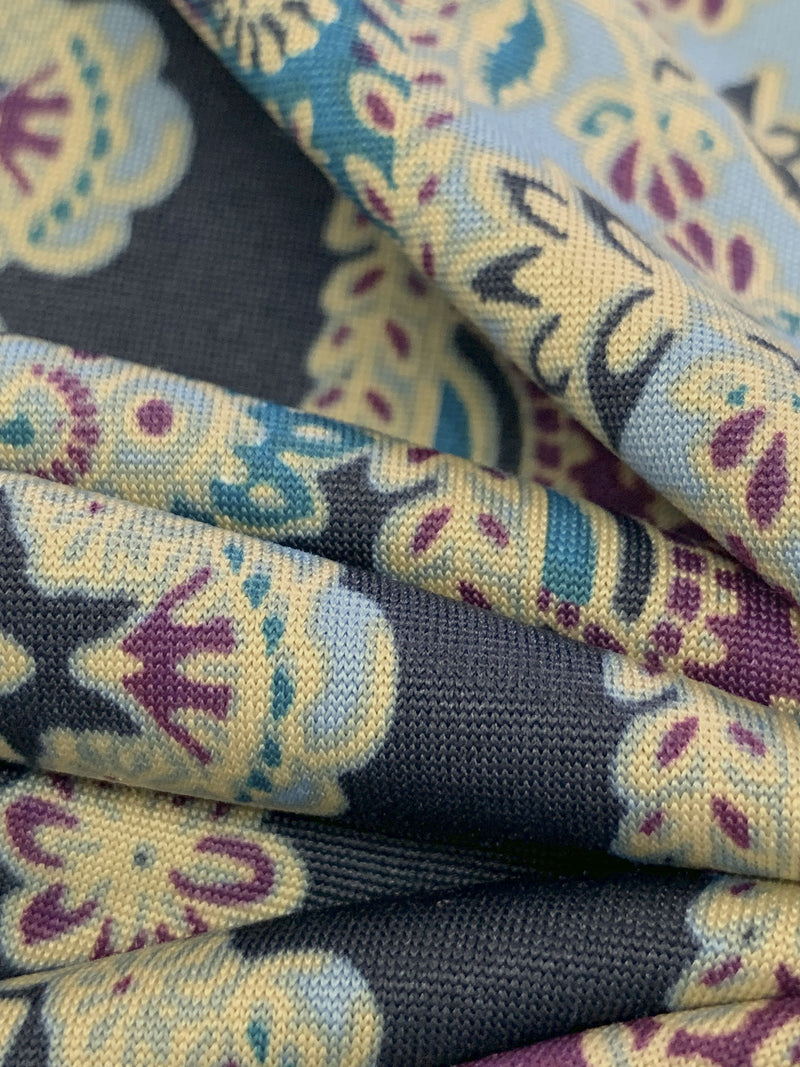 Navy/Wheat/Moonstone Blue/Multi Polyester/Lycra Double Border Vertical Stylized Floral Stripe Print DTY Knit 58W