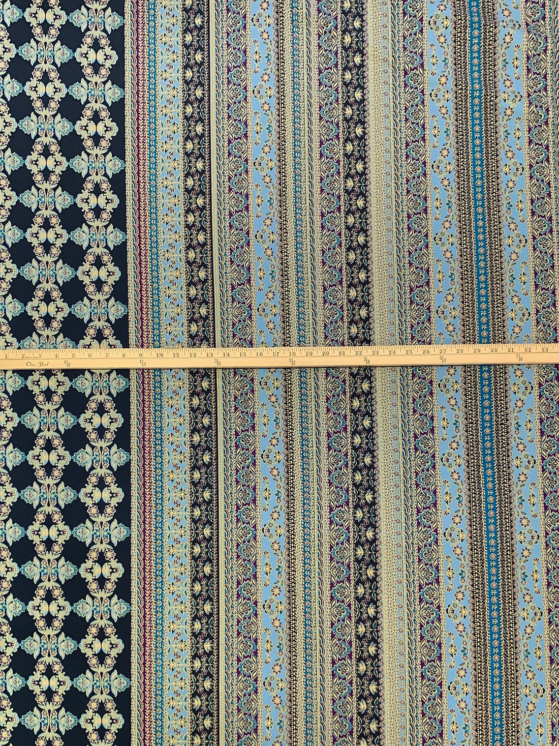 Navy/Wheat/Moonstone Blue/Multi Polyester/Lycra Double Border Vertical Stylized Floral Stripe Print DTY Knit 58W