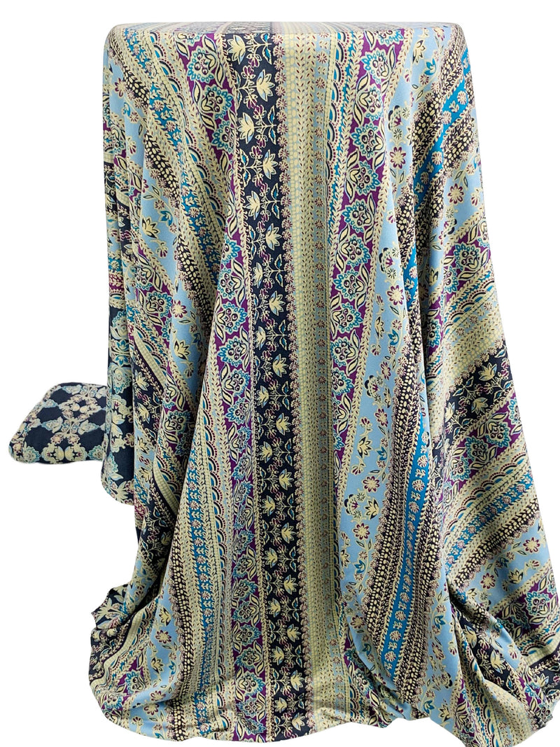 Navy/Wheat/Moonstone Blue/Multi Polyester/Lycra Double Border Vertical Stylized Floral Stripe Print DTY Knit 58W