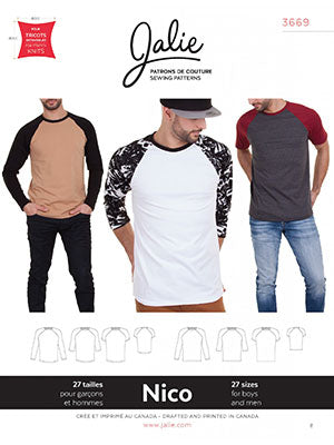 Jalie Patterns - Nico Raglan Tees #3669 - Mens/Boys Sizes