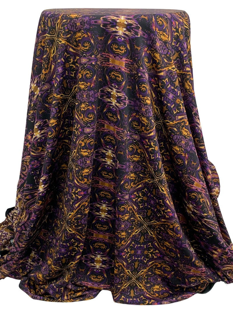 Harvest Gold/Concord Grape/Black/Multi Polyester/Lycra Large Double Border Abstract Ornate Print DTY Knit 50W