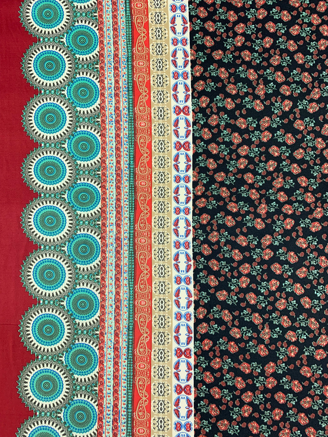 Black/Garnet/White/Multi Polyester/Lycra Stylized Double Border Floral Print DTY Knit 60W