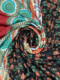 Black/Garnet/White/Multi Polyester/Lycra Stylized Double Border Floral Print DTY Knit 60W