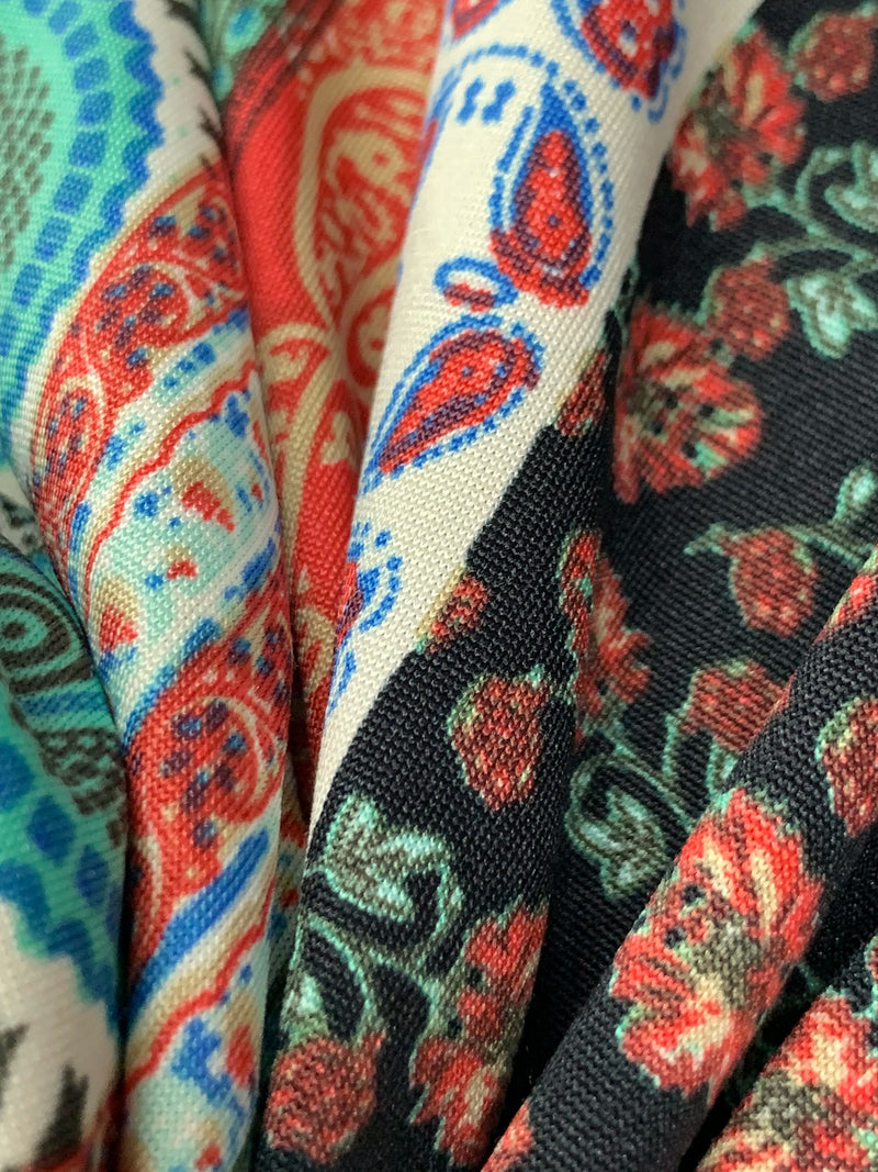 Black/Garnet/White/Multi Polyester/Lycra Stylized Double Border Floral Print DTY Knit 60W