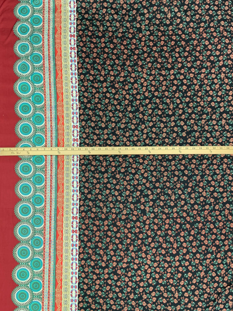 Black/Garnet/White/Multi Polyester/Lycra Stylized Double Border Floral Print DTY Knit 60W