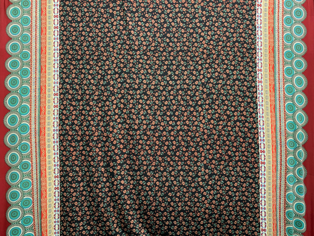 Black/Garnet/White/Multi Polyester/Lycra Stylized Double Border Floral Print DTY Knit 60W
