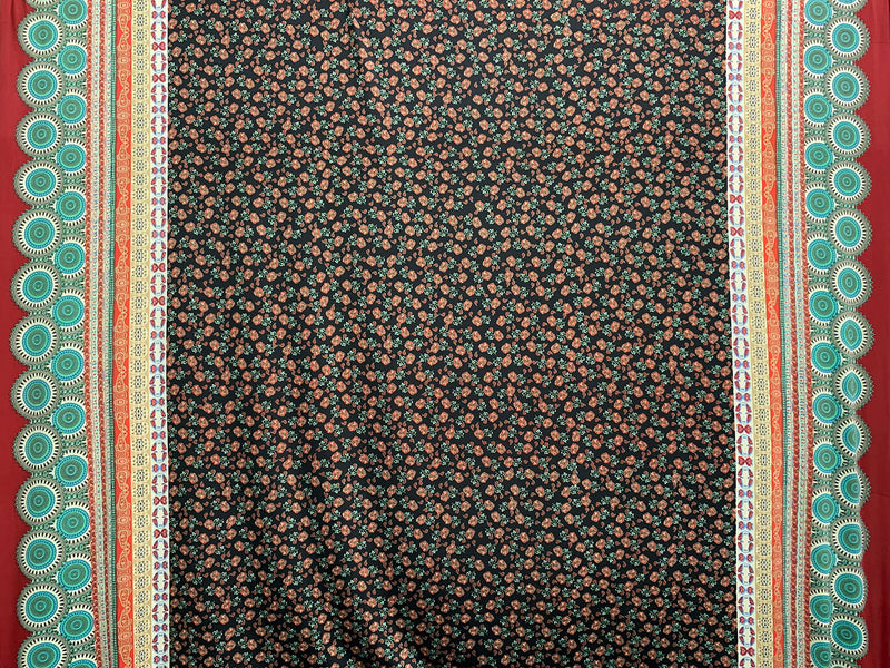 Black/Garnet/White/Multi Polyester/Lycra Stylized Double Border Floral Print DTY Knit 60W