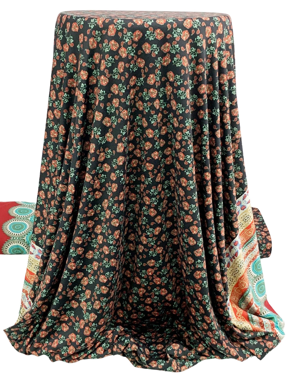 Black/Garnet/White/Multi Polyester/Lycra Stylized Double Border Floral Print DTY Knit 60W