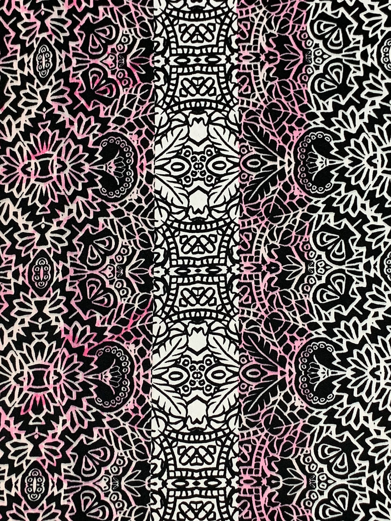 White/Black/Keepsake Rose Polyester/Lycra Double Border Abstract Ornate Print DTY Knit 60W