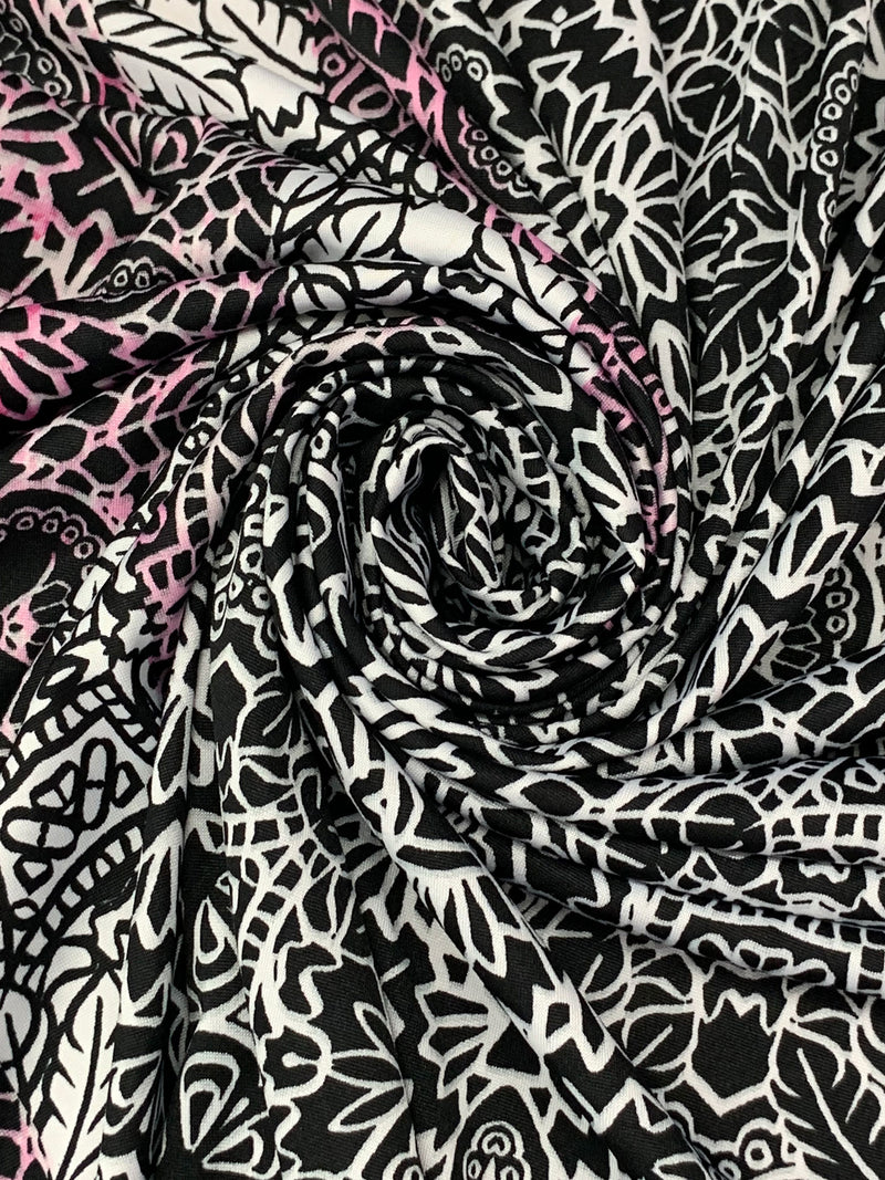 White/Black/Keepsake Rose Polyester/Lycra Double Border Abstract Ornate Print DTY Knit 60W