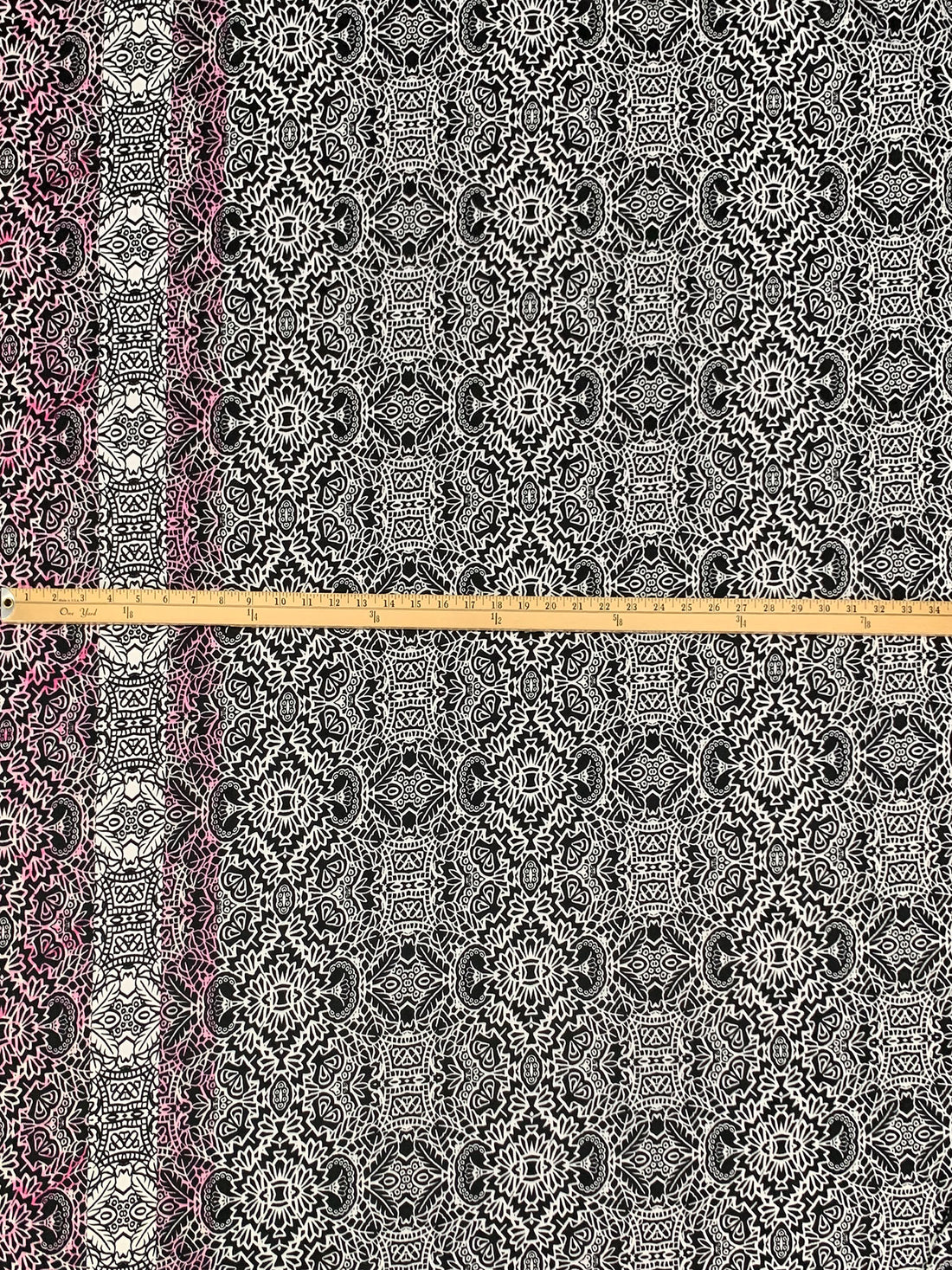 White/Black/Keepsake Rose Polyester/Lycra Double Border Abstract Ornate Print DTY Knit 60W