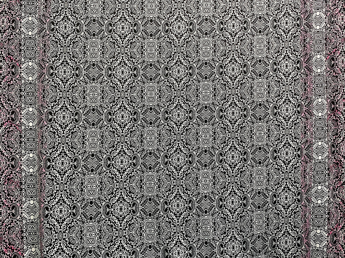 White/Black/Keepsake Rose Polyester/Lycra Double Border Abstract Ornate Print DTY Knit 60W