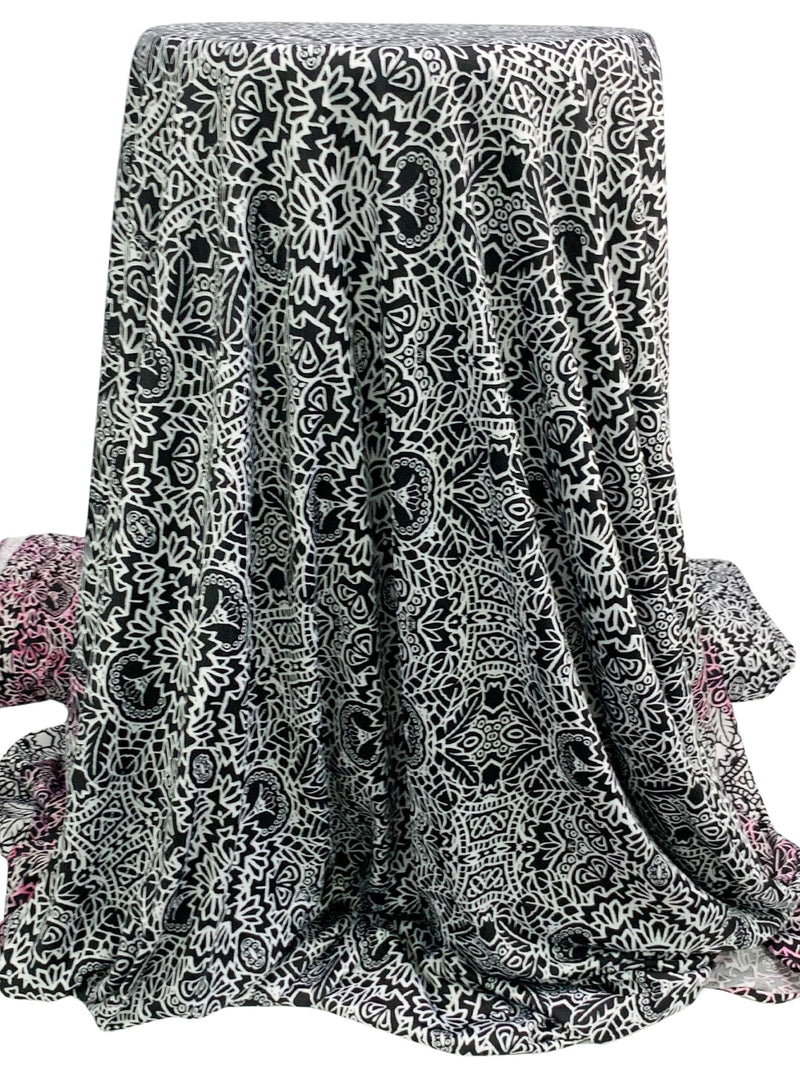 White/Black/Keepsake Rose Polyester/Lycra Double Border Abstract Ornate Print DTY Knit 60W