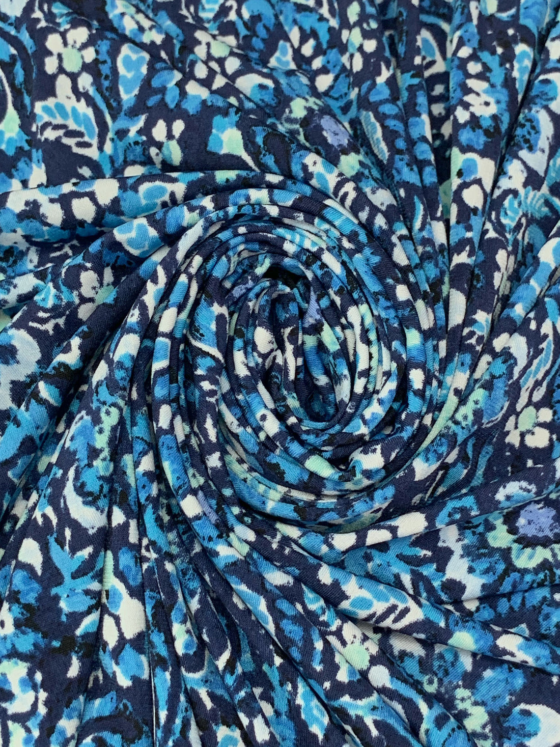 Prussian Blue/White/Deep Sky Blue Polyester/Lycra Floral Print ITY Knit 58W