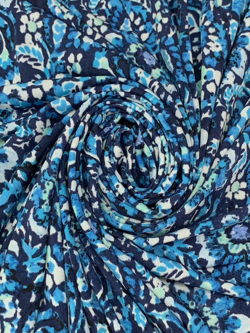 Prussian Blue/White/Deep Sky Blue Polyester/Lycra Floral Print ITY Knit 58W