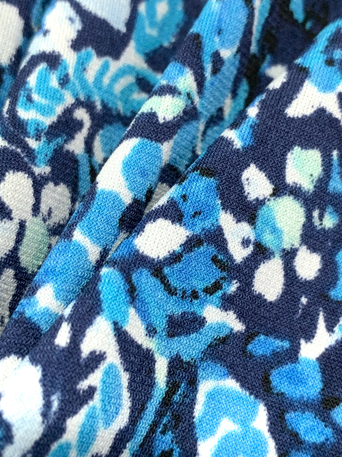 Prussian Blue/White/Deep Sky Blue Polyester/Lycra Floral Print ITY Knit 58W