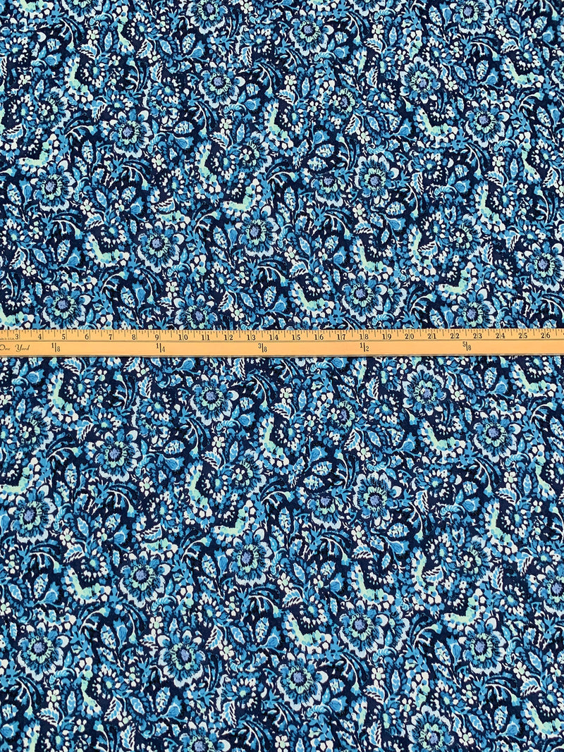 Prussian Blue/White/Deep Sky Blue Polyester/Lycra Floral Print ITY Knit 58W