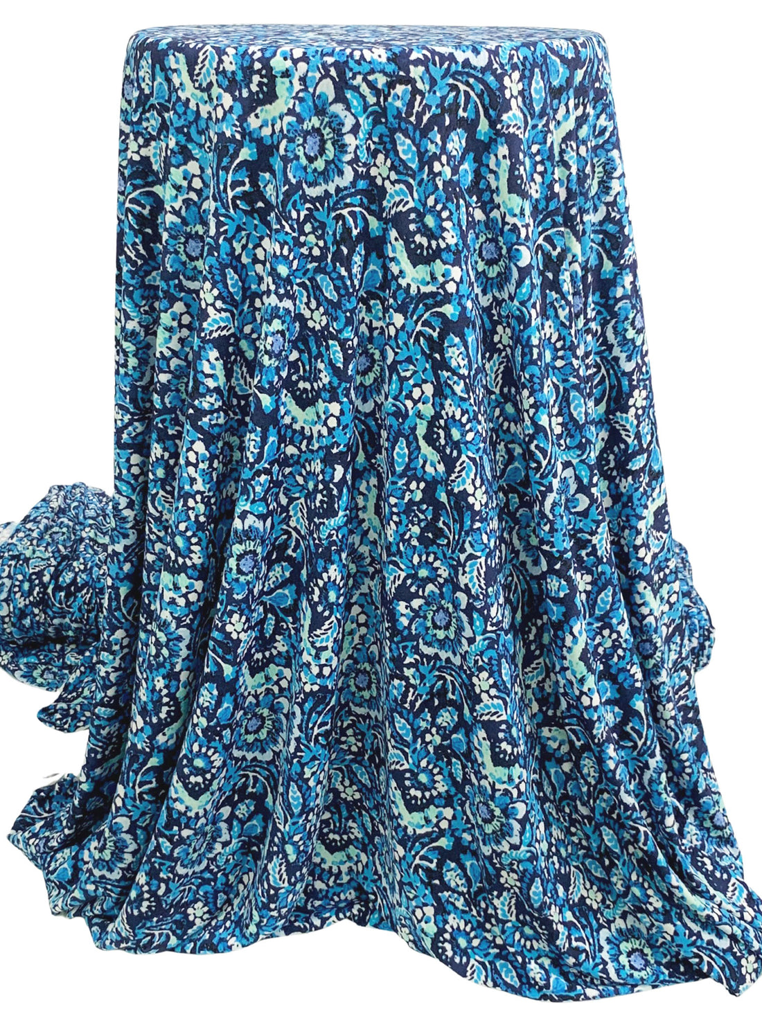 Prussian Blue/White/Deep Sky Blue Polyester/Lycra Floral Print ITY Knit 58W