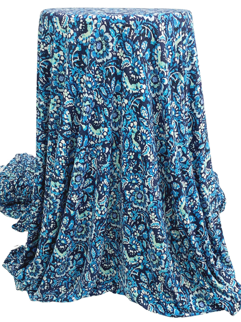 Prussian Blue/White/Deep Sky Blue Polyester/Lycra Floral Print ITY Knit 58W