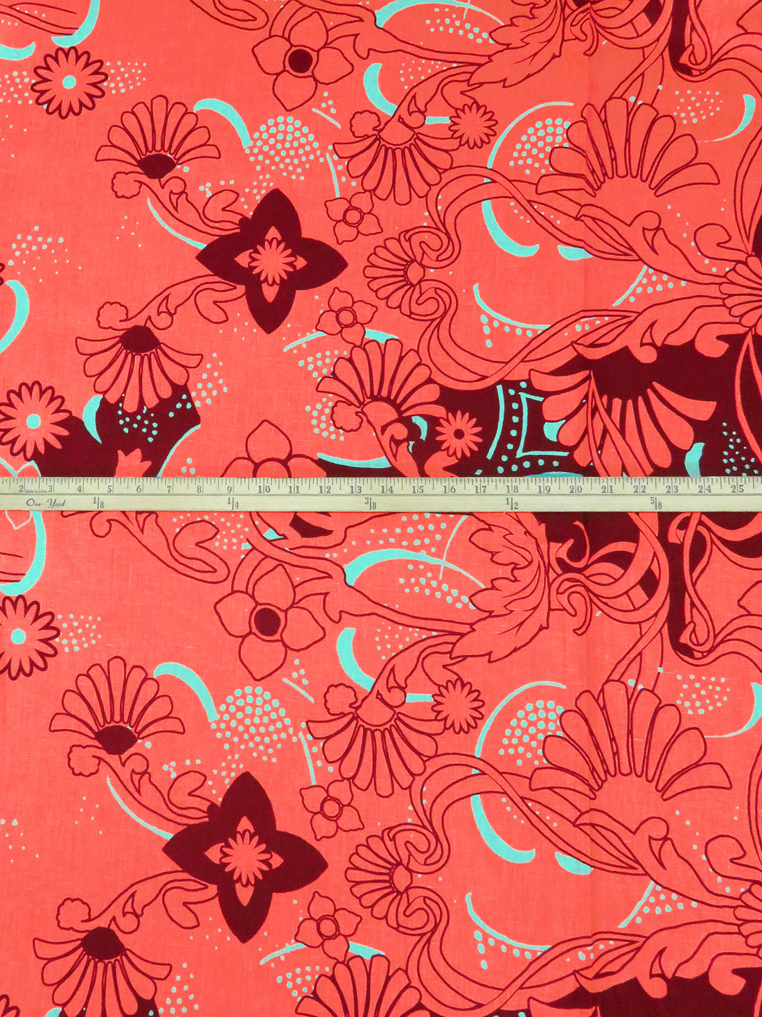 Muted Dark Red/Sunset Orange/Turquoise 100% Linen Abstract Floral Print Shirt Weight Woven 51W