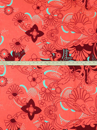 Muted Dark Red/Sunset Orange/Turquoise 100% Linen Abstract Floral Print Shirt Weight Woven 51W