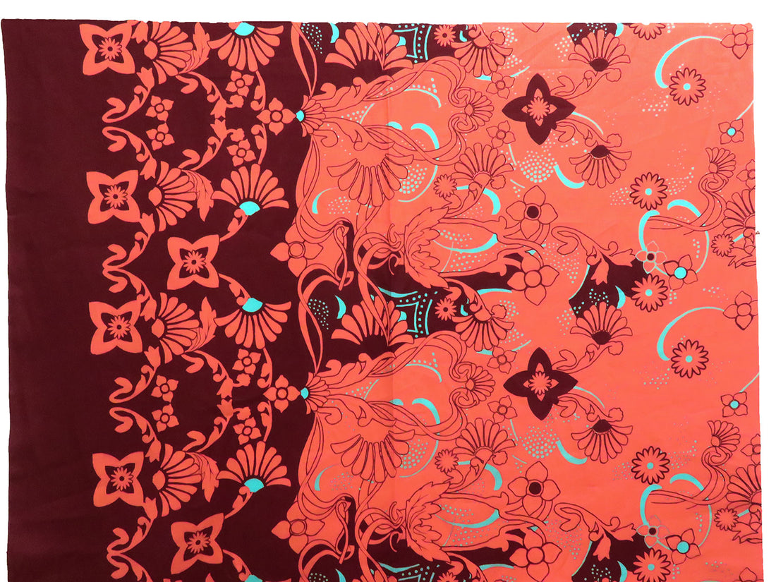 Muted Dark Red/Sunset Orange/Turquoise 100% Linen Abstract Floral Print Shirt Weight Woven 51W