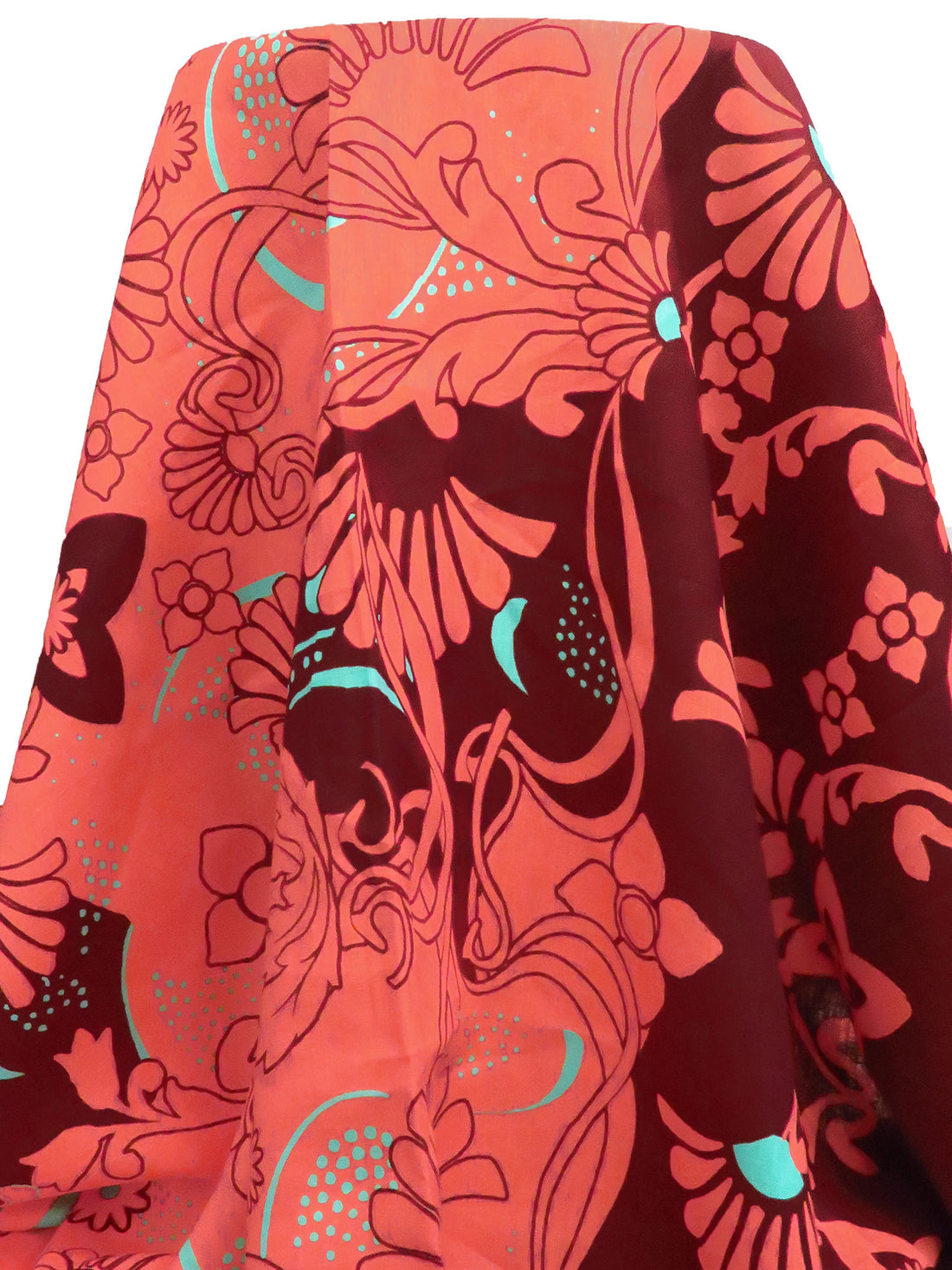 Muted Dark Red/Sunset Orange/Turquoise 100% Linen Abstract Floral Print Shirt Weight Woven 51W