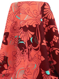 Muted Dark Red/Sunset Orange/Turquoise 100% Linen Abstract Floral Print Shirt Weight Woven 51W