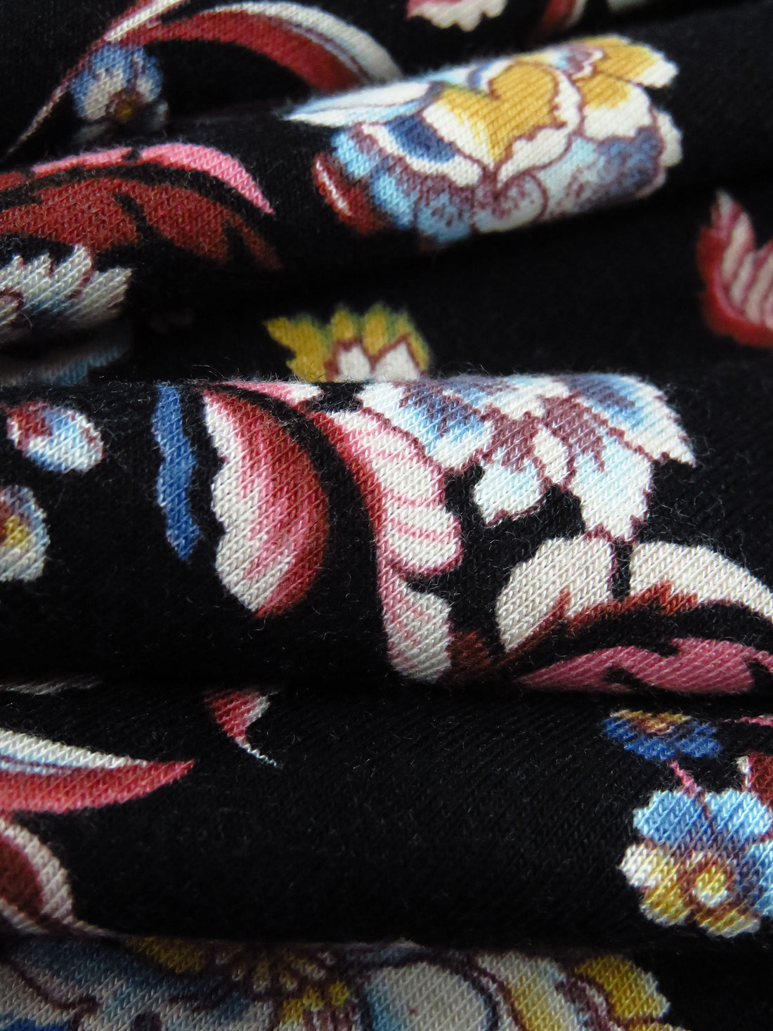 Black/Salmon Pink/Cornflower/Multi Rayon/Lycra Ornate Floral Print Jersey Knit 57W