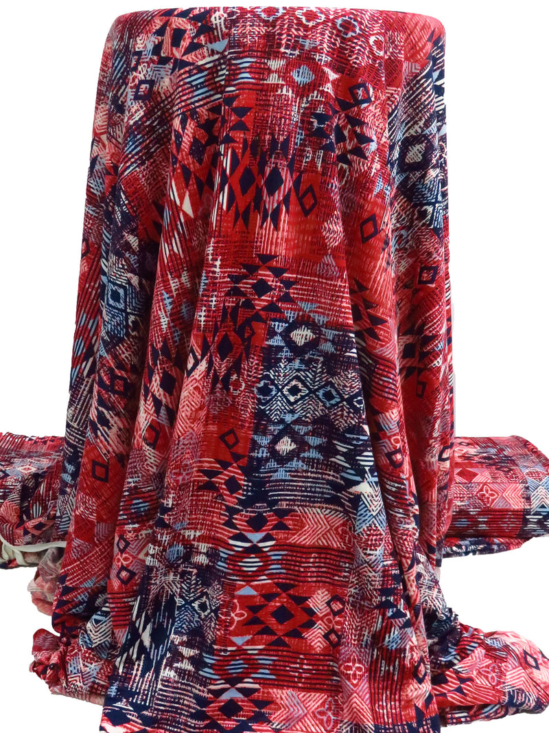 Firebrick Red/Midnight Navy/White/Multi Polyester/Lycra Patchwork Tribal Print DTY Knit 62W