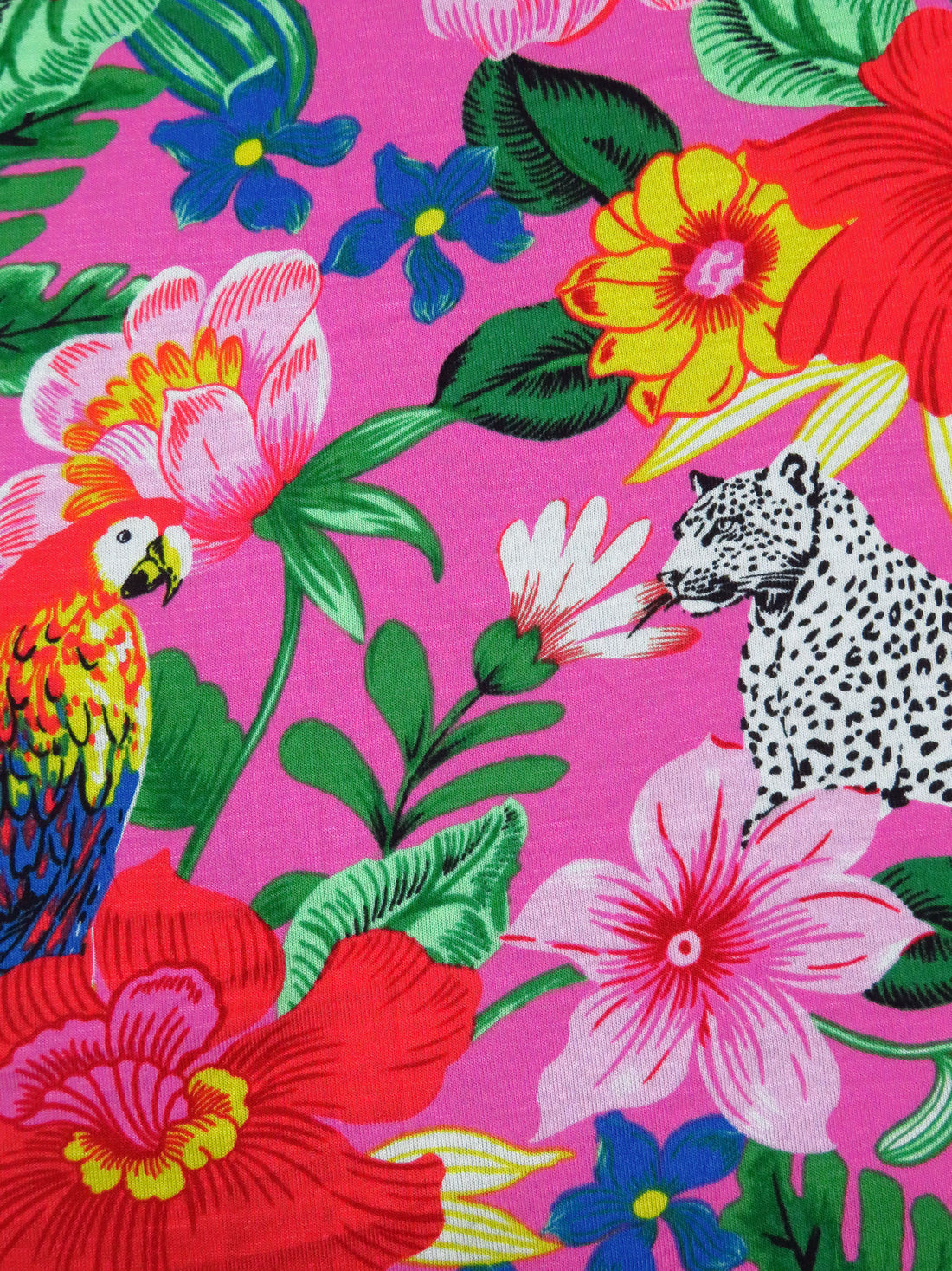 Hot Pink/Forest Green/White/Multi Rayon/Lycra Tropical Jungle Print Jersey Knit 68W