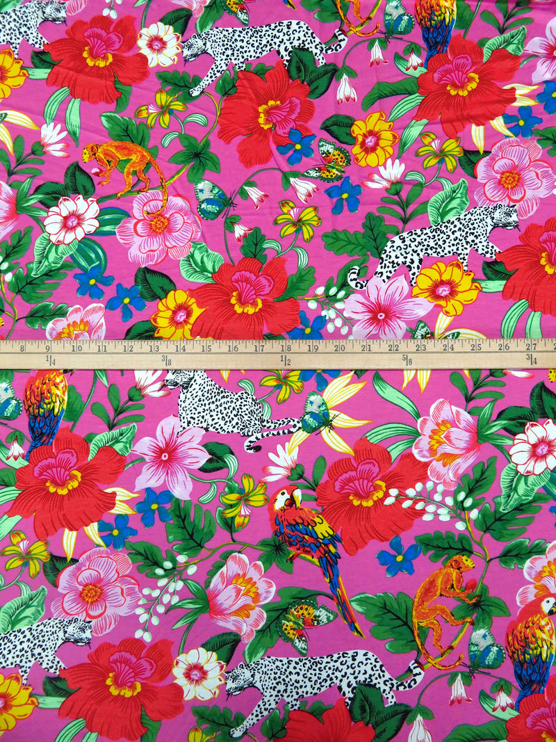 Hot Pink/Forest Green/White/Multi Rayon/Lycra Tropical Jungle Print Jersey Knit 68W