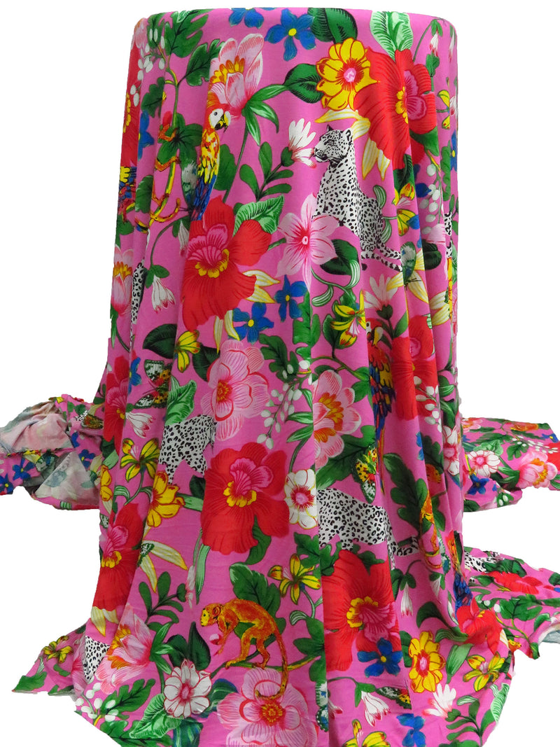 Hot Pink/Forest Green/White/Multi Rayon/Lycra Tropical Jungle Print Jersey Knit 68W