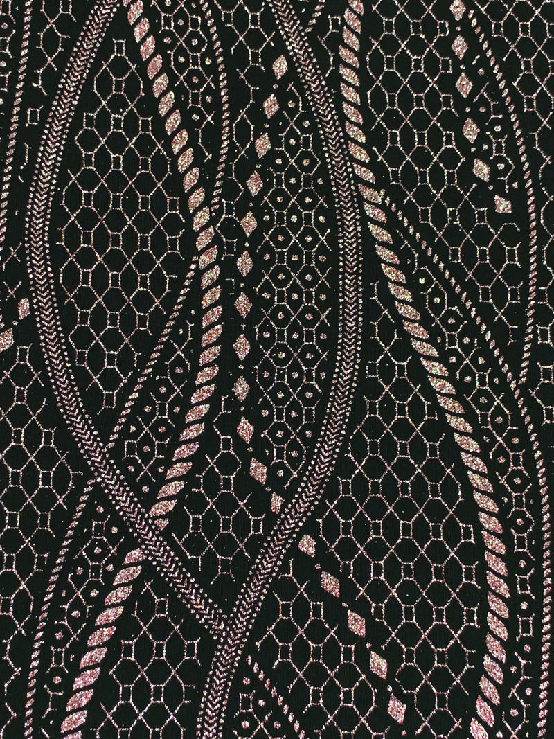 Black/Rose Gold Acetate/Lycra Stylized Vertical Glitter Cord Design Slinky Knit - NY Designer - 54W