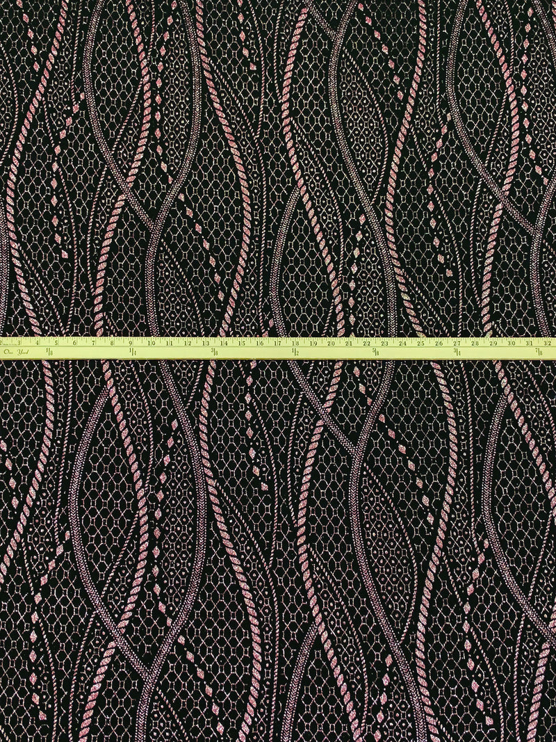Black/Rose Gold Acetate/Lycra Stylized Vertical Glitter Cord Design Slinky Knit - NY Designer - 54W