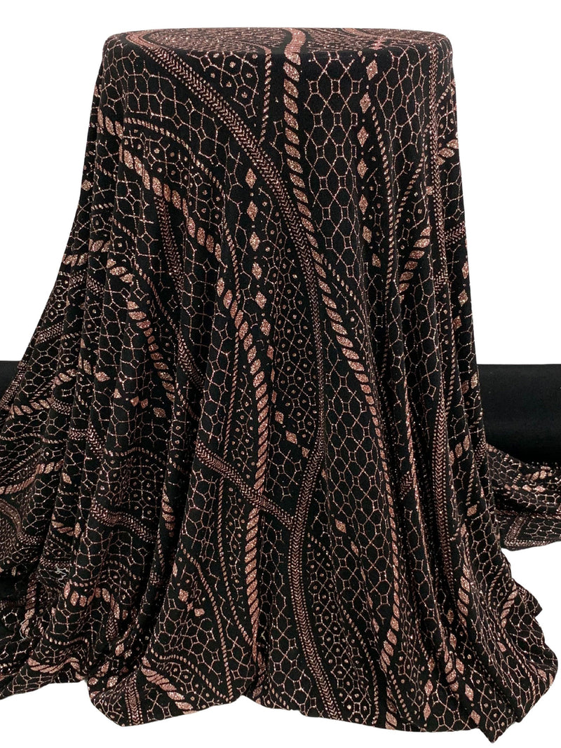 Black/Rose Gold Acetate/Lycra Stylized Vertical Glitter Cord Design Slinky Knit - NY Designer - 54W