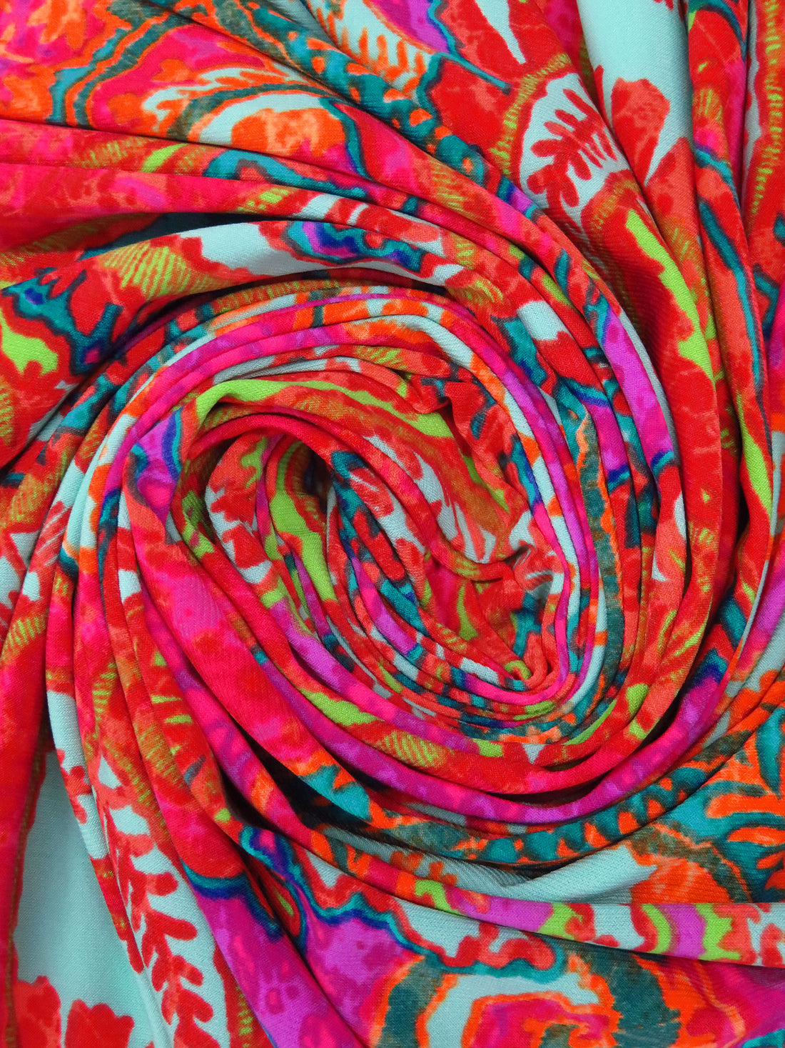 Fuchsia/Orange/Aqua/Multi Polyester/Lycra Crazy Ornate Spiral Print ITY Knit - NY Designer - 58W