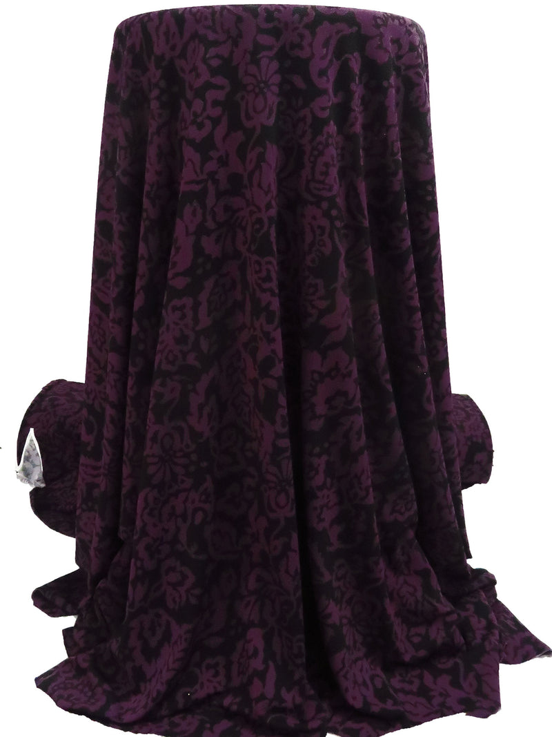 Black/Dark Magenta Purple Polyester/Lycra Folk Floral Print Crepe ITY Knit - NY Designer - 56W