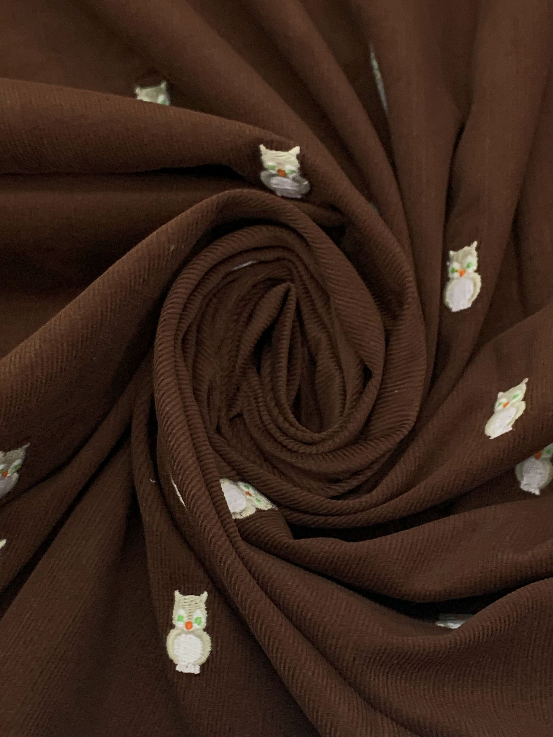 Coffee Brown/Soft Tan/White 100% Cotton Embroidered Owls Pinwale Corduroy Shirting 56W