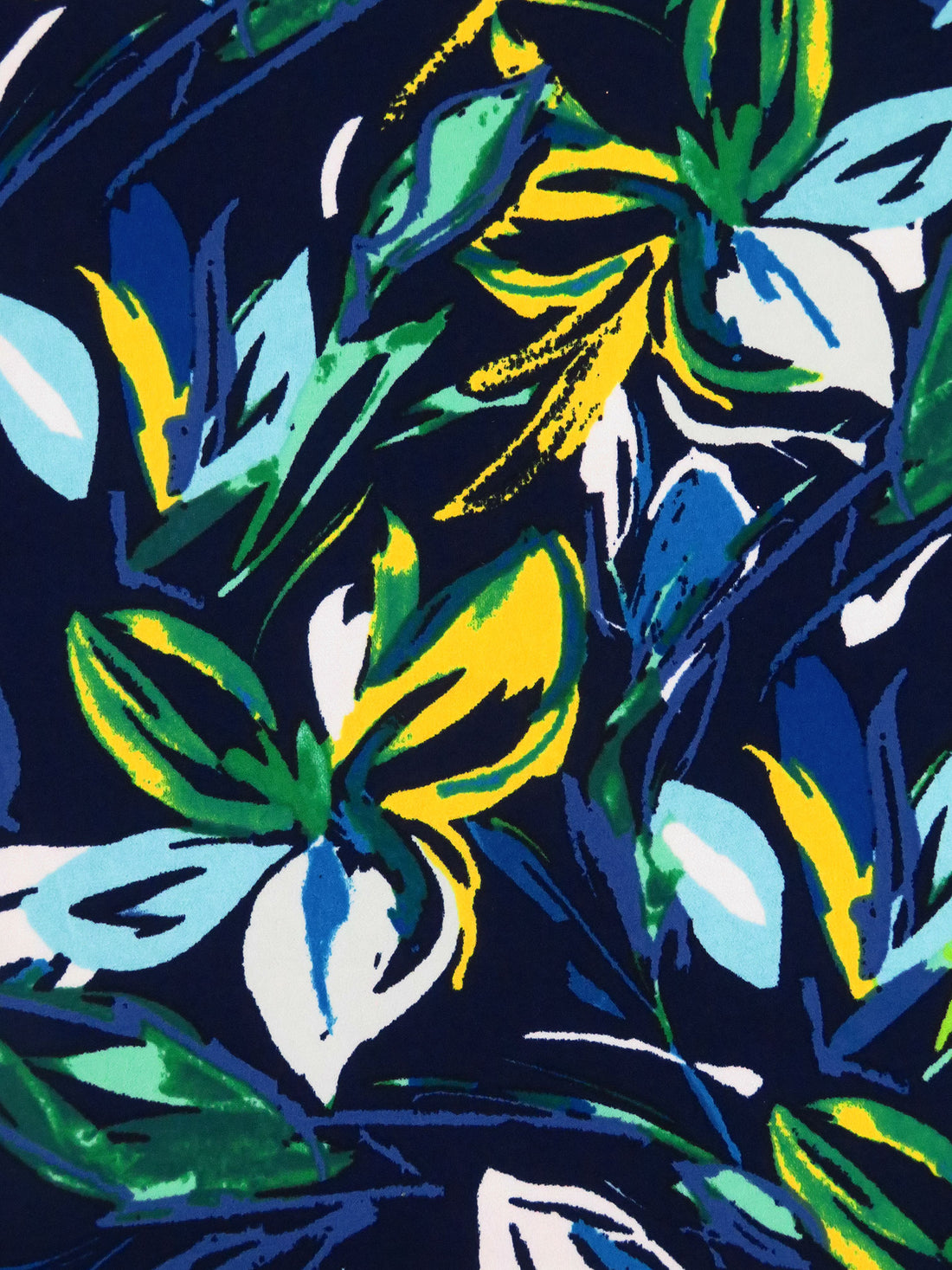 Midnight Blue/Lemon/Spanish Green/Multi Polyester/Lycra Leaf Print ITY Knit 58W