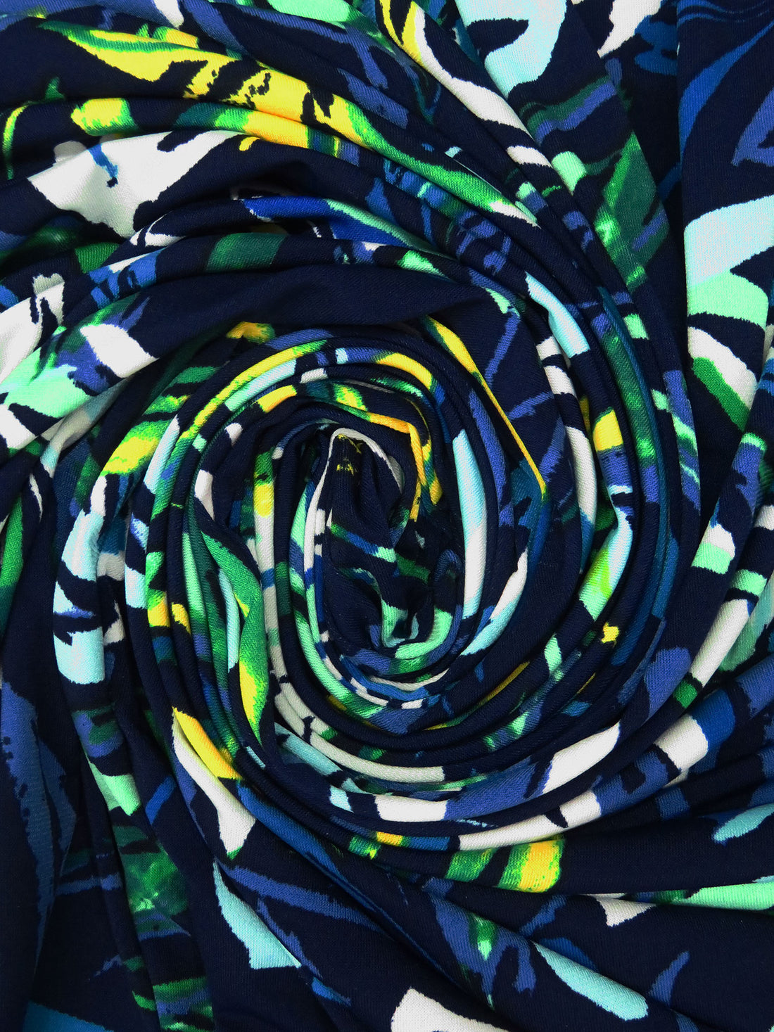 Midnight Blue/Lemon/Spanish Green/Multi Polyester/Lycra Leaf Print ITY Knit 58W