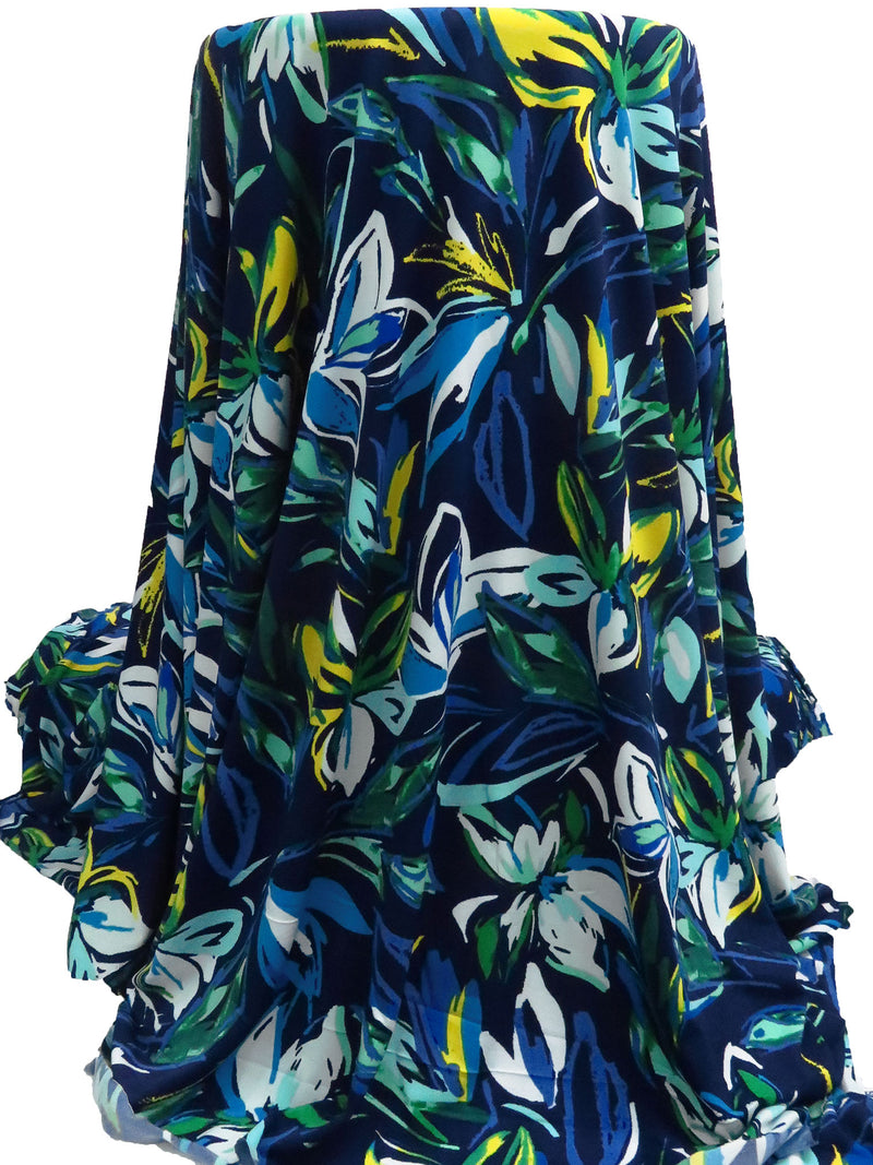 Midnight Blue/Lemon/Spanish Green/Multi Polyester/Lycra Leaf Print ITY Knit 58W