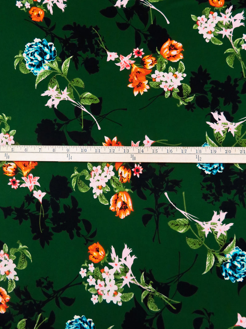 Rich Forest Green/Soft Pink/Black/Multi Polyester/Lycra Large Floral Stems Print DTY Knit - NY Designer - 58W